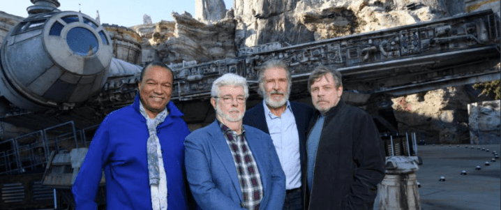 George Lucas, Mark Hamill, Harrison Ford, and Billy Dee Williams help open Star Wars: Galaxy’s&nbsp;Edge!